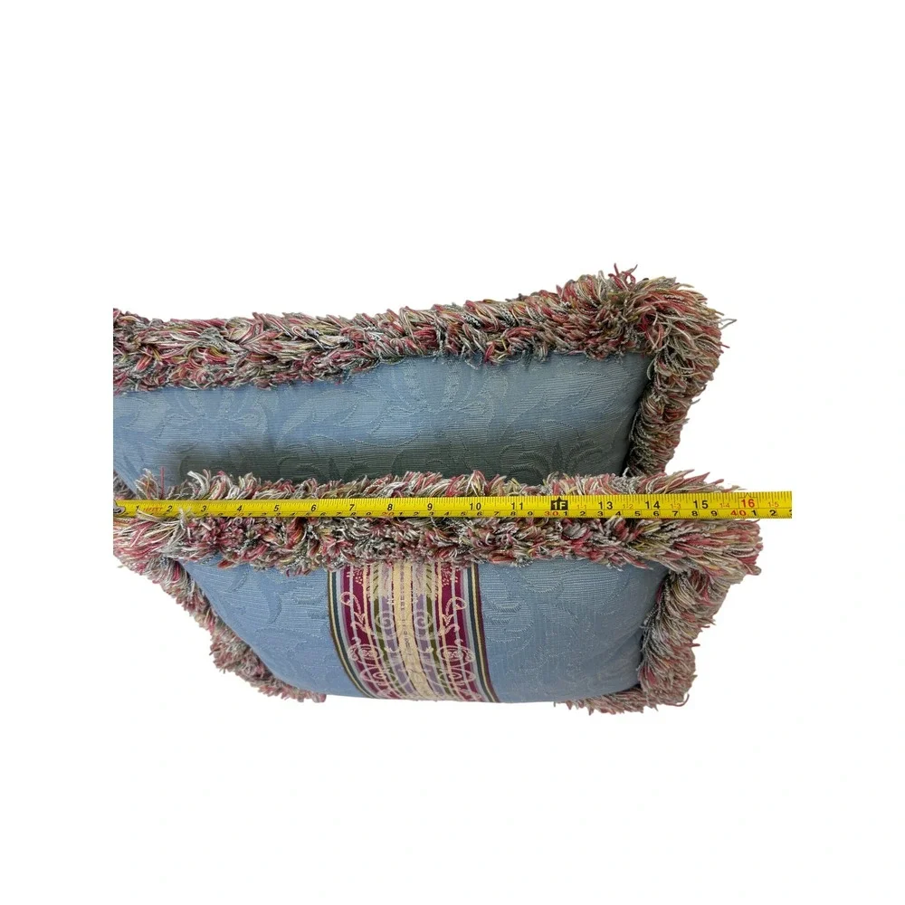 Blue Damask Lumbar Throw Pillows Down Filled Set of 2 w/Multi Color Brush Fringe